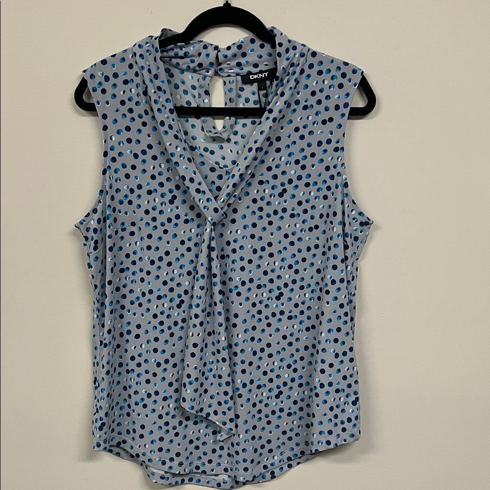 #92 DKNY Sleeveless Top with Blue Dots and scarf neckline